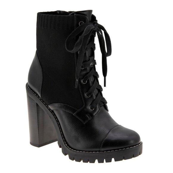 BCBGENERATION Womens Black Stretch Cushioned Lug Sole Lace up Booties - Picture 1 of 9